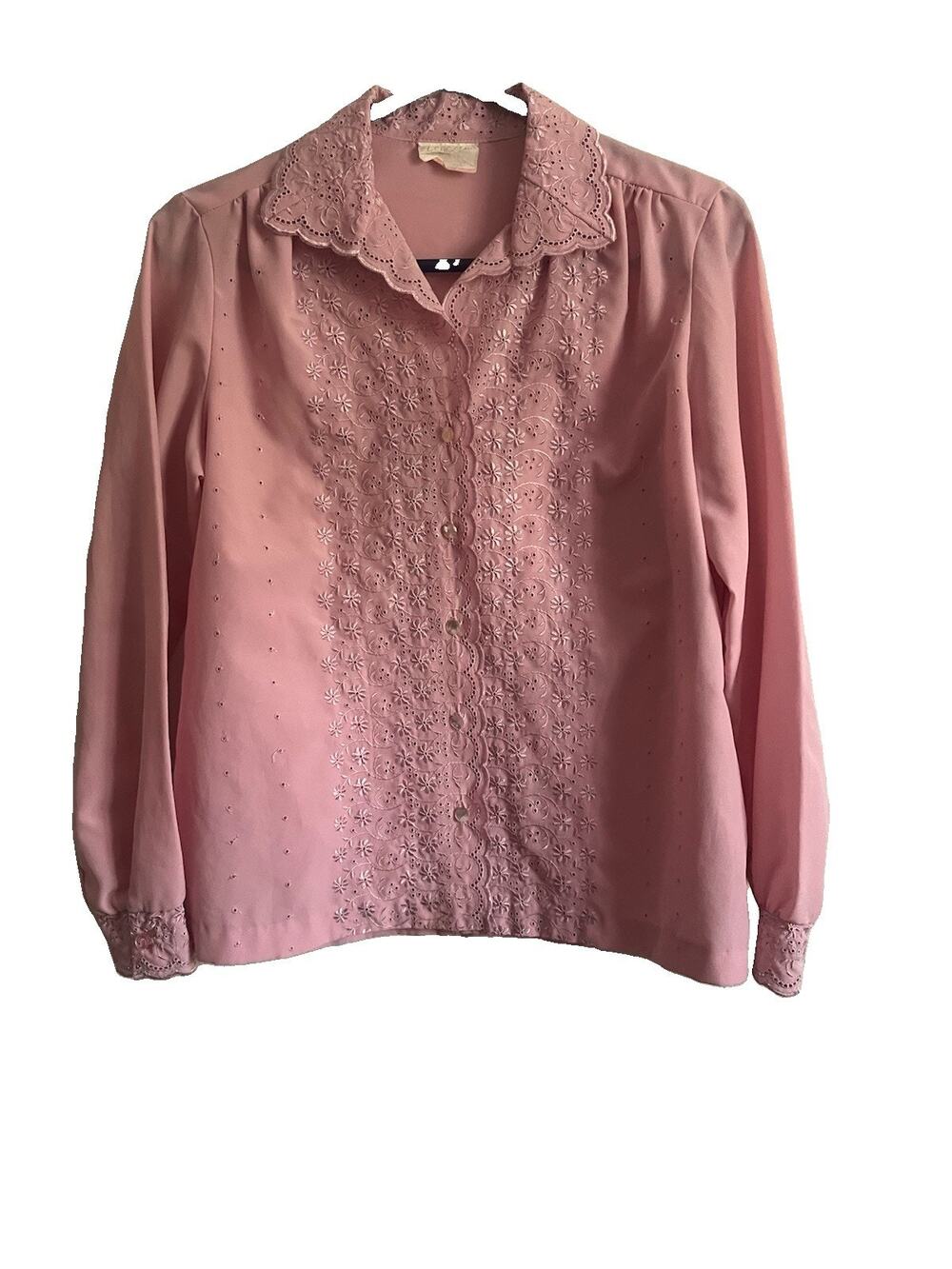 Vintage Lee Mar Pageant Pink Eyelet Embroidered Prairie Blouse Cottagecore M/L